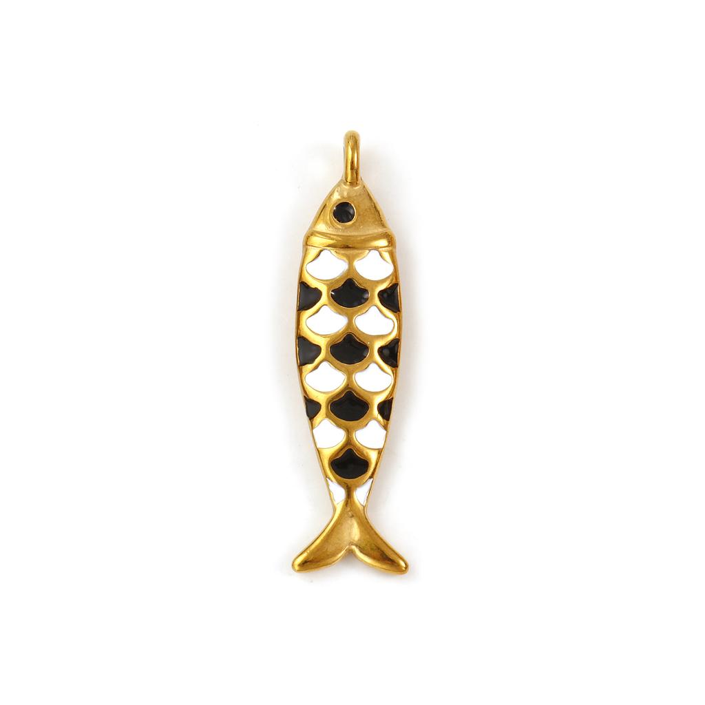 2 PCS 304 Stainless Steel Ocean Jewelry Pendants 18K Gold Plated Enamel Fish Animal 3D Charms For Keychains Necklace 4.9cmx1.3cm