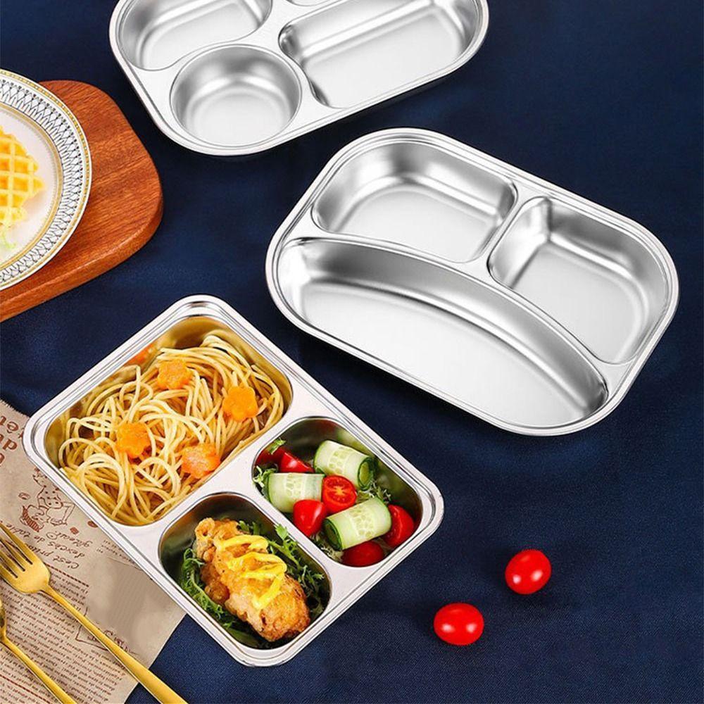 Stainless Steel Divided Lunch Box with Lid Rustproof Divided Dinner Tray Food-Grade Deepened Fast Food Plate Kitchen Supplies