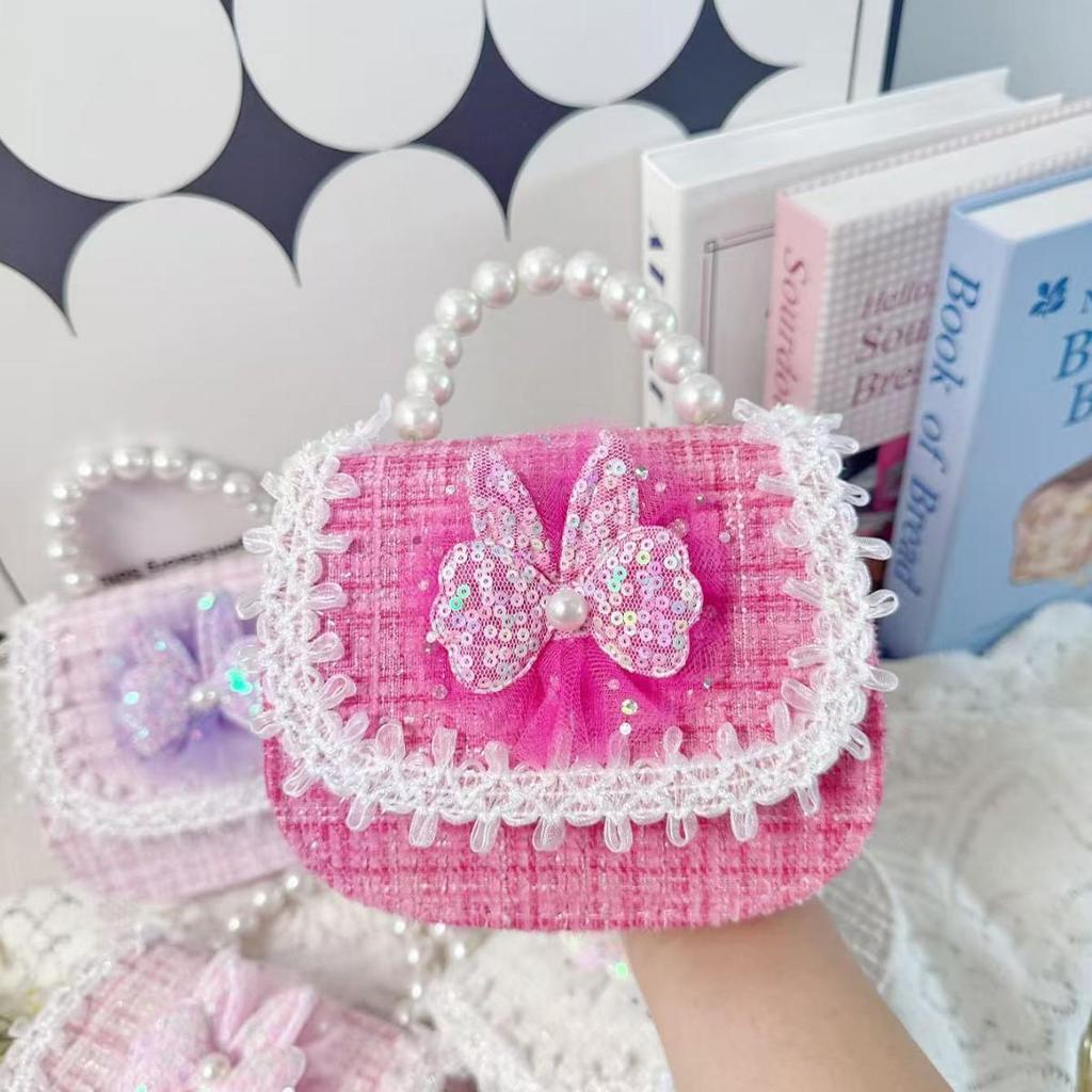 Crossbody Kids' Square Bag with Rabbit Applique and Pearl Trim