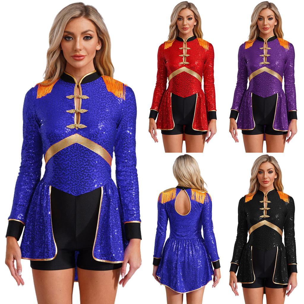 Womens Sparkly Ringmaster Outfit Fringed Epaulet Bodysuit for Carnival Performances Themed Parties