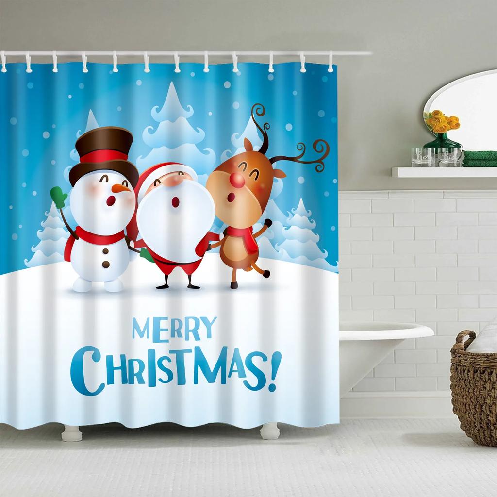 Christmas Bath Curtains Home Decor Winter Snowflake Snowman Santa Claus Waterproof Shower Curtain Bathroom Curtains