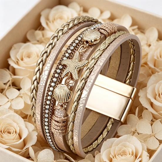 Damen geflochtenes Armband mehrlagig böhmisch Kunstlederseil Seestern Muschel Dekor Sicheres Verschluss Armband Handgelenk Accessoire