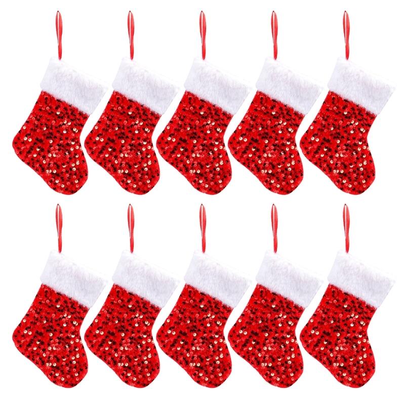 10Pcs Festival Gift Holders Fireplaces Decoration Sparkling Sequins Christmas Stockings with Plush White Rims Decors красный