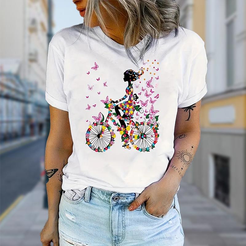 Mode Frauen Fahrrad Print T Shirt lustige lässig O-Ausschnitt kurze Ärmel T-shirt Sommer weibliche T-Shirt