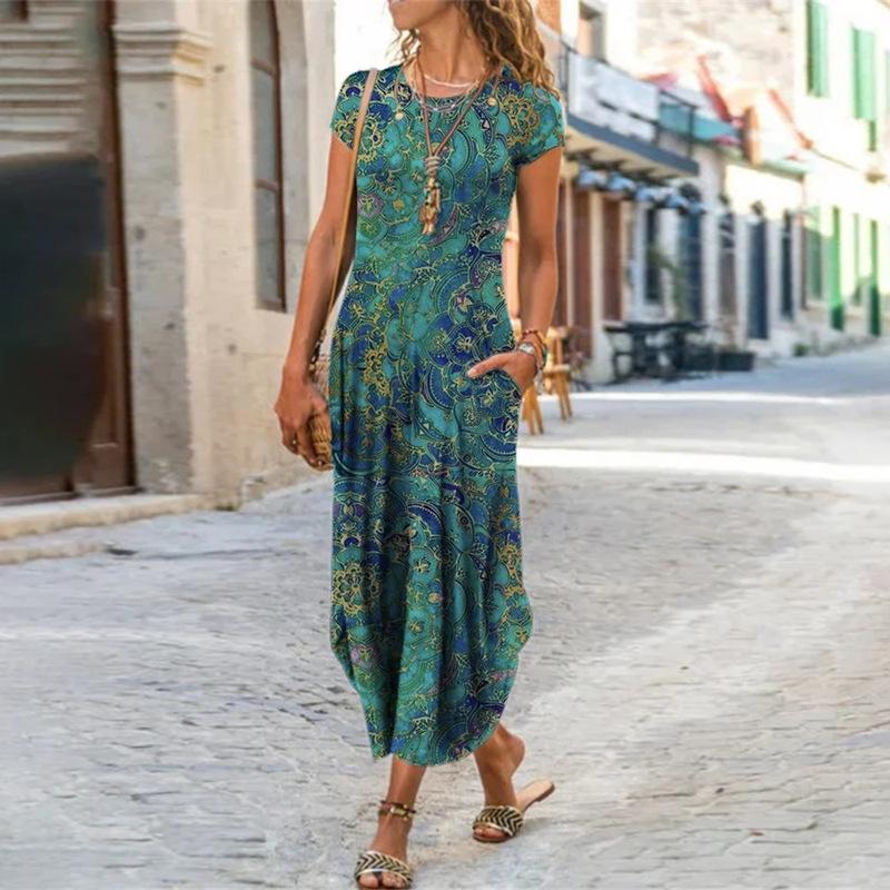 Abito Lungo A-line Slim Estivo a Manica Corta con Collo Rotondo e Tasca con Stampa Floreale Abbigliamento da Donna