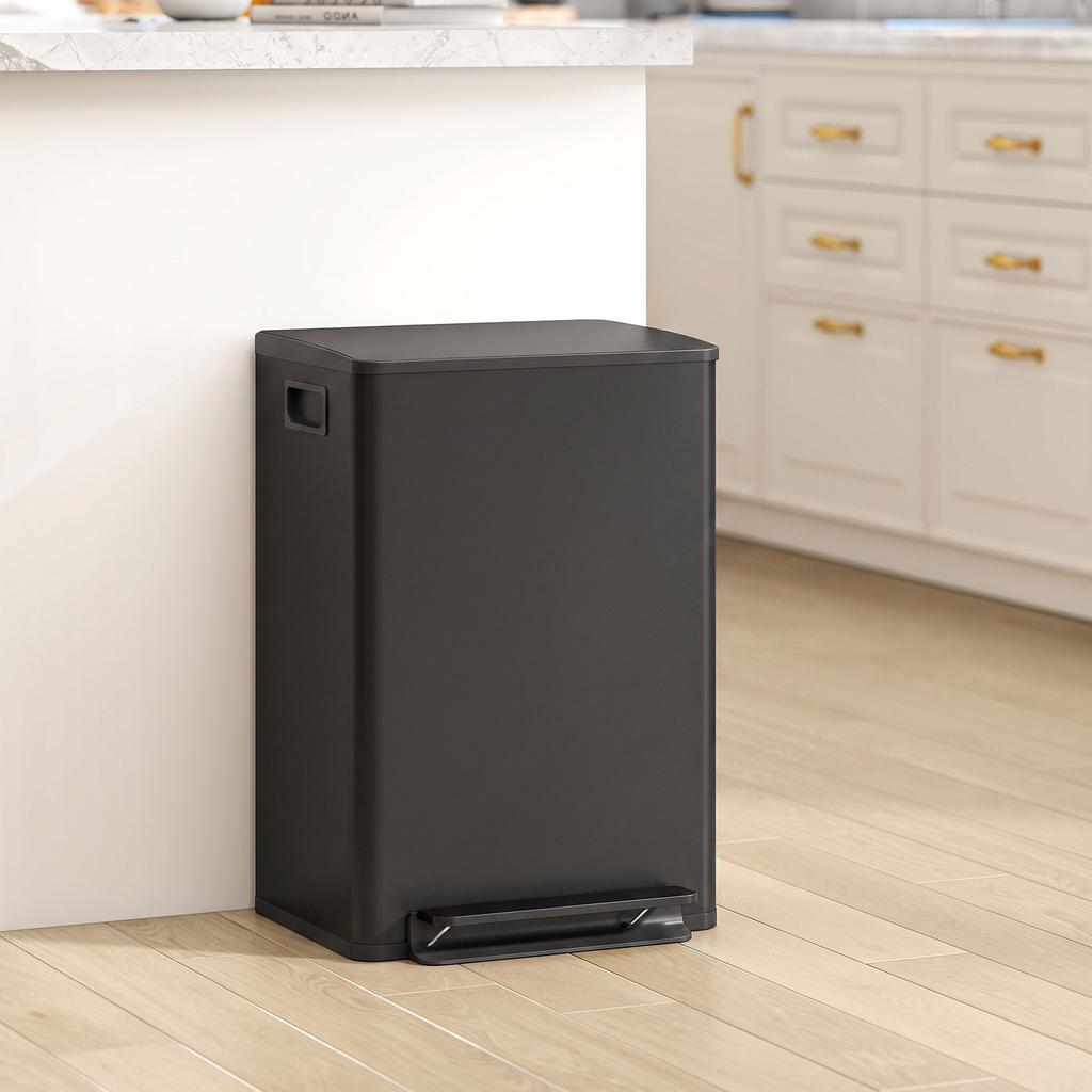 Kitchen Trash Can 50 Liters Pedal Bin Stainless Steel Black