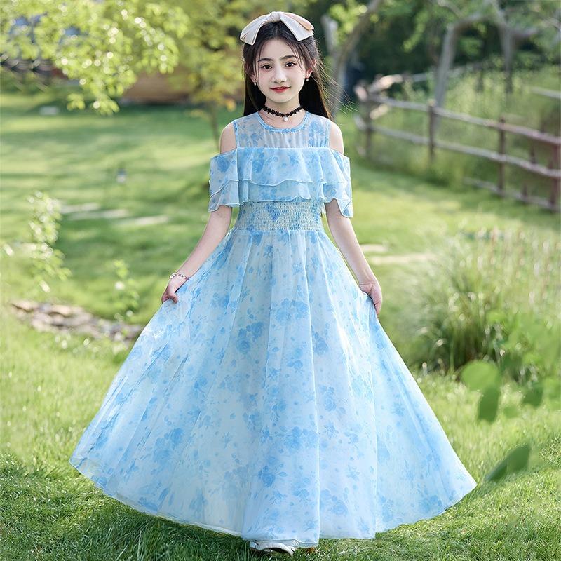 Girls Floral Print Princess Long Dress Kids Summer Casual Beach Dress