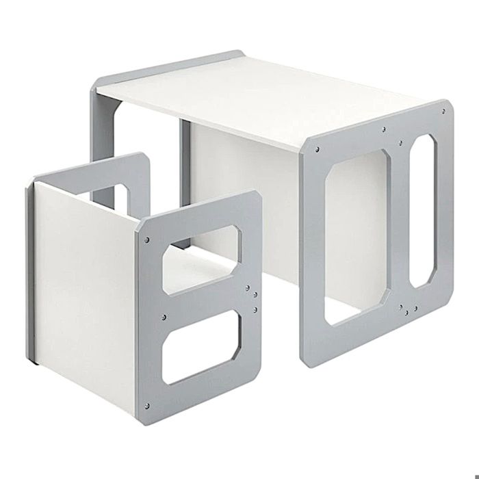 GINGER HOME Ensemble Montessori 3 en 1 – Table, Banc et Chaise Enfant – Bois MDF – Blanc et Gris