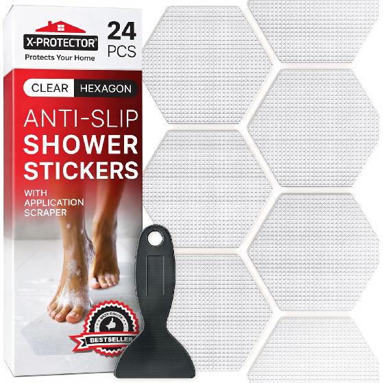 X-Protector Bathtub Non Slip Stickers - 24 PCS Pack 3.15  - Clear Anti Slip Shower Stickers - Premium Shower Adhesive Strips - Self Adhesive Bathtub