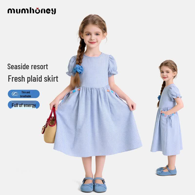 Heini Mumu Girls  Plaid Puff Sleeve Princess Summer Dress 140