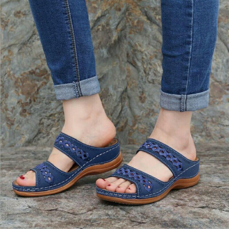 Fashion New Women Summer Solid Color Slip On Casual Open Toe Wedges Soft Bottom Breathable Slippers Shoes Sandals