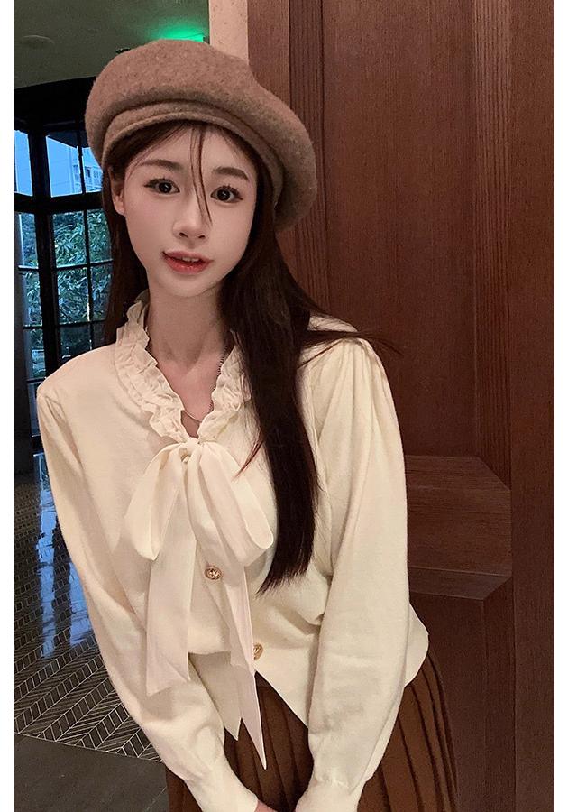 Elegant Bow Tie Lace-Up Long Sleeve Knit Cardigan for Women