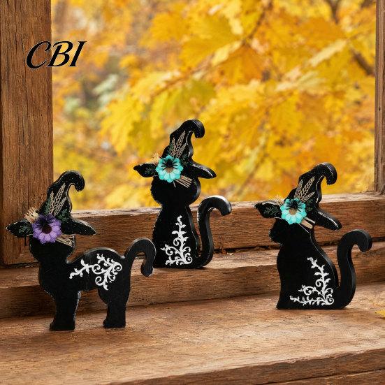 Halloween Mantel Decor 3Pcs Decoration, Black Cat Ghost Witch Hat Table Decor, Decorations Rustic Farmhouse Wooden Centerpieces for Home Office Tiered