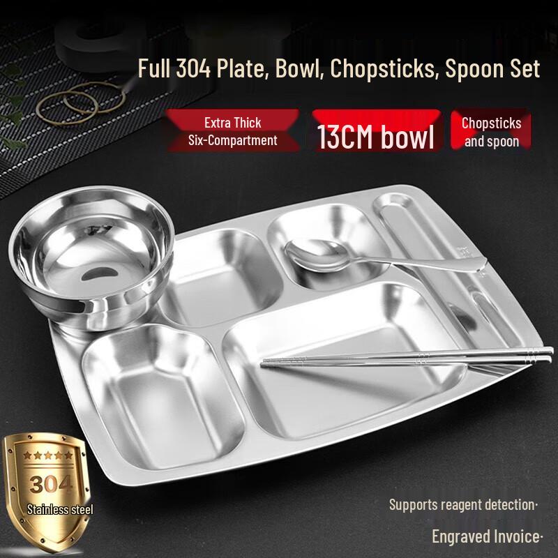 Zhishi 304 Stainless Steel 6-Compartment Meal Plate Set
