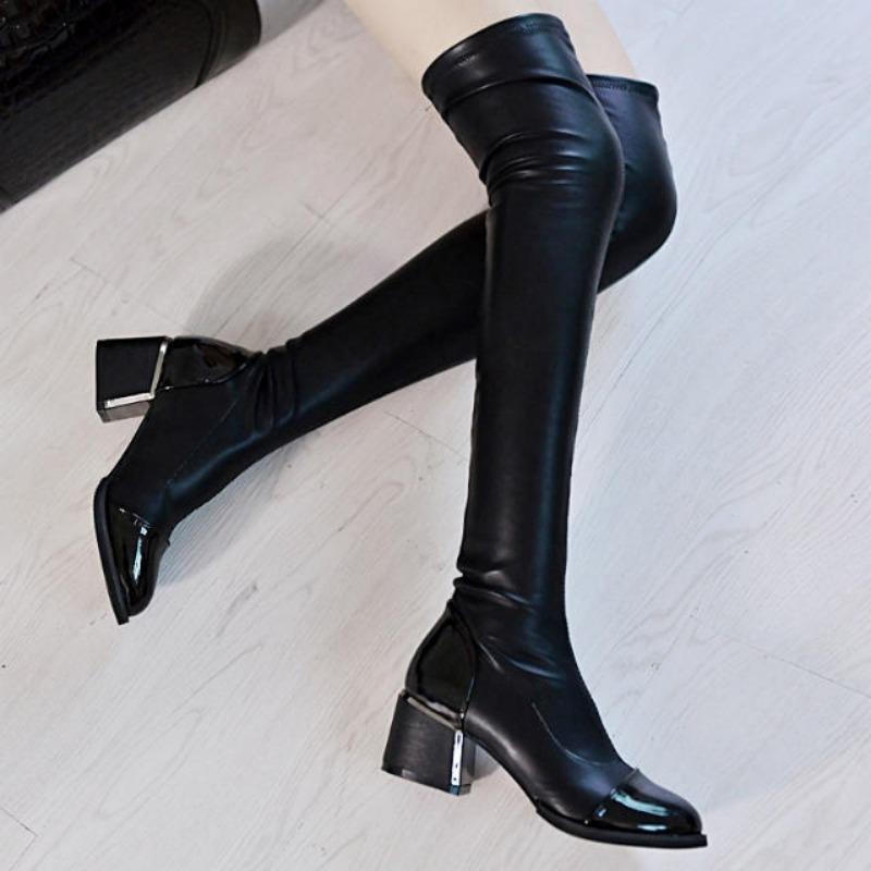 Fashion Black Women's Long Boots Thigh High Elastic Ladies Knee Shaft Shoes Leather Above Over The Middle Heel Cosplay New in Goth Sale