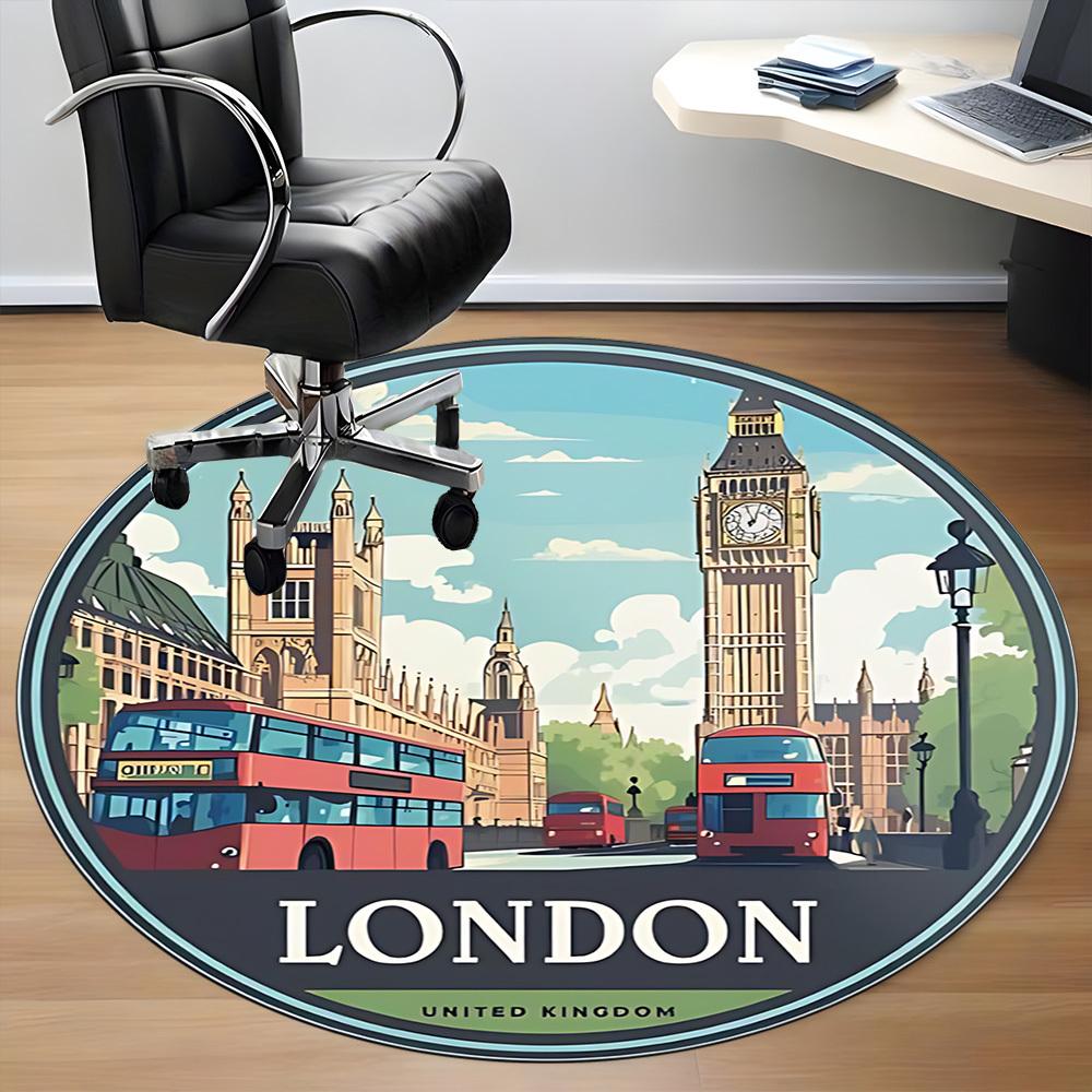 1pc London Bus Office Round Area Rug, Indoor Mat Suitable ForOffice, Under Office Chairs Bedroom Living Room Home Decor, Room Deco, n50