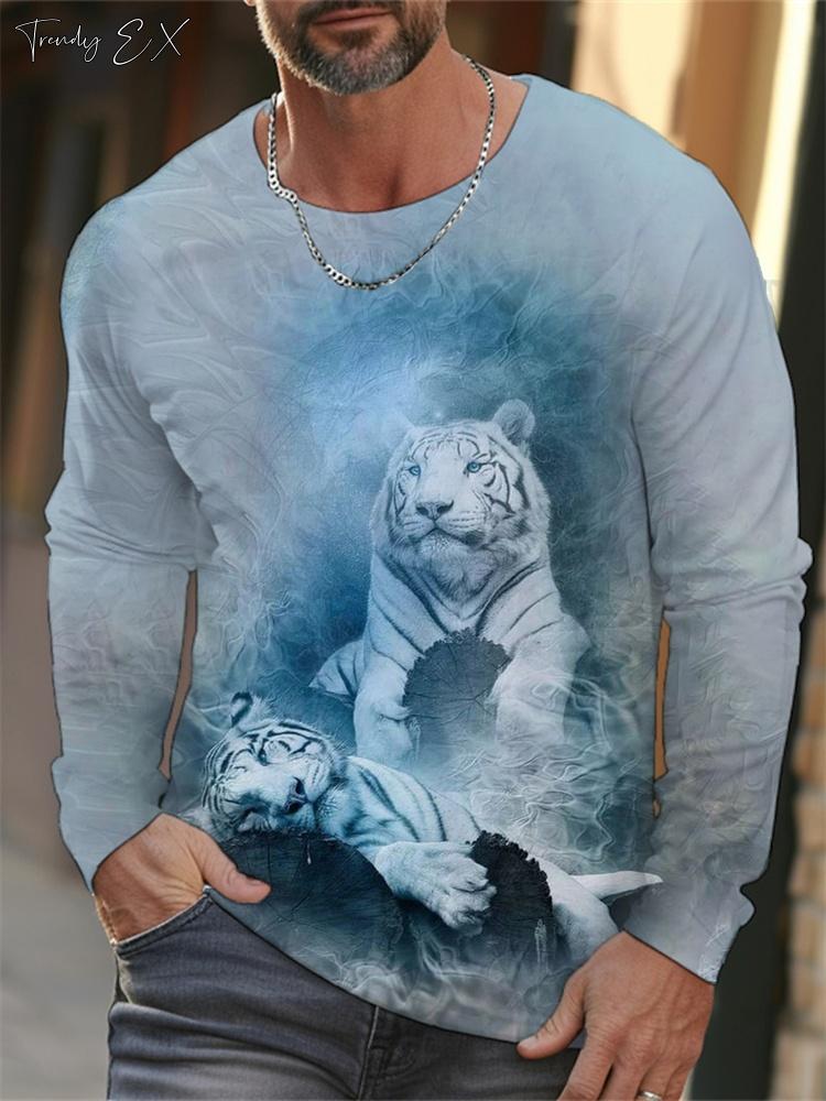 Hot selling 3D tiger print men's street trendy round neck long sleeved T-shirt