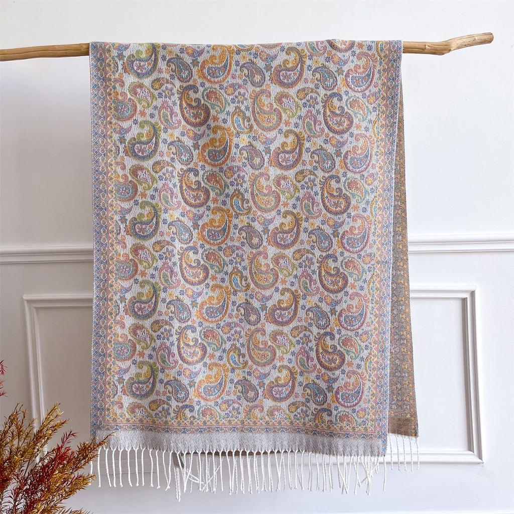 Scarf Women'S Spring And Autumn Retro Versatile Cashew Nut Jacquard Ethnic Style Scarf Long Fringed Travel Shawl