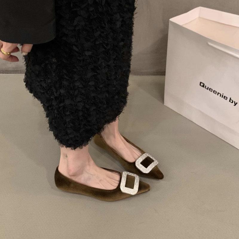 Fashion Flat Shoes Women's Shoes 2025 New Spring and Autumn Pointed Black French Rhinestone Suede Outdoor Plus Size Women's Shoes