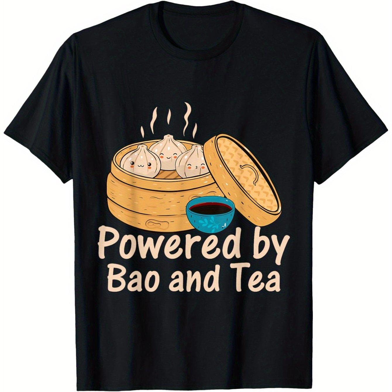 

Powered by Bao and Tea Cute Dumpling Graphic Tee for Men Casual Short Sleeve Cotton T-Shirt 4XL