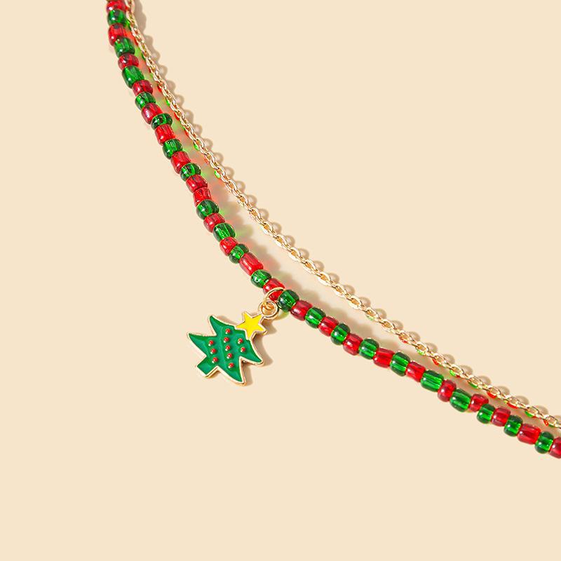 European-American Style Handmade Colorblock Beaded Bracelet with Cartoon Christmas Tree