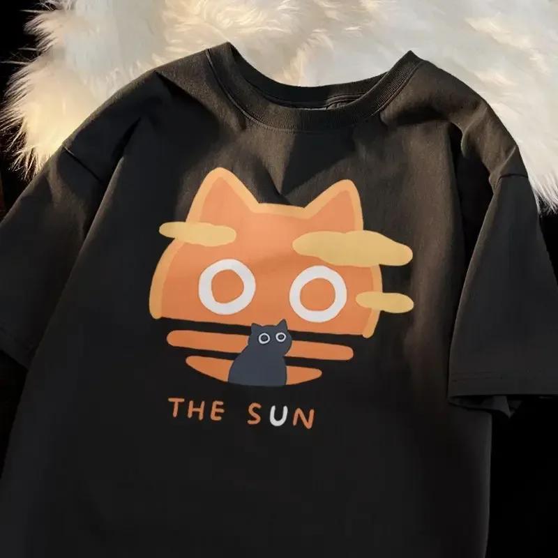 Korean Fashion Tees Summer Kawaii T-shirt Japanese Cartoon Cute Cat Short Sleeved Tshirt Pet Graphic Blouse Streetwear Clothes