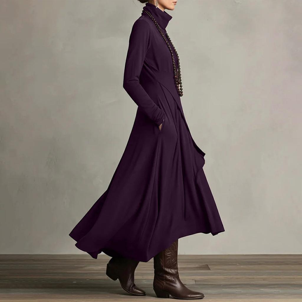 Women’s Long Sleeve Turtleneck Maxi Dress Asymmetric Hem Layered Ruffle Design A Line Fit Soft Fabric Elegant Style