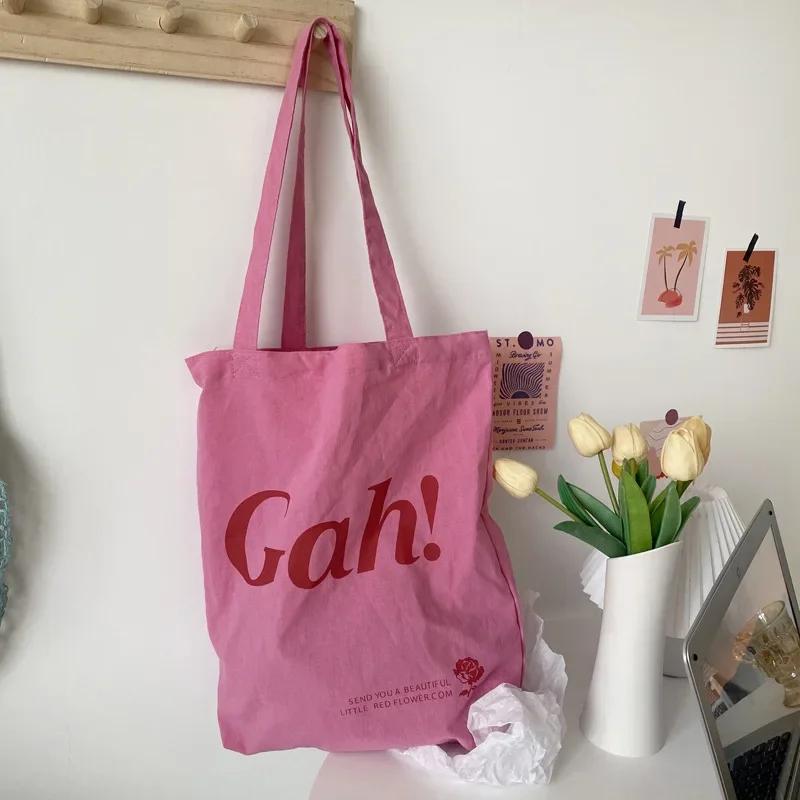 Pink Women Portable Canvas Shoulder Bag Student Girls Daily Casual Tote Handbags Large Capacity Ladies Reusable Shopping Bags