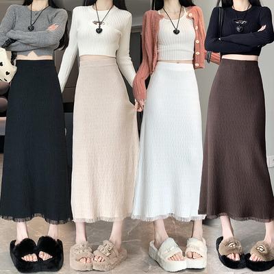 Stretch Fringe Knit Skirt Women Autumn Winter Midi Straight Bodycon High Waist A-Line Skirt
