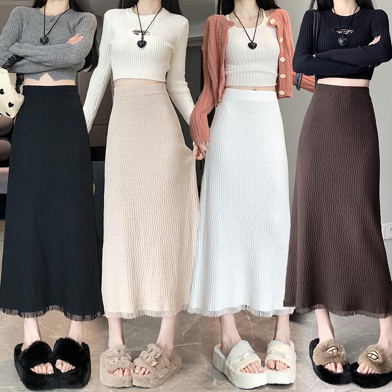 Stretch Fringe Knit Skirt Women Autumn Winter Midi Straight Bodycon High Waist A-Line Skirt