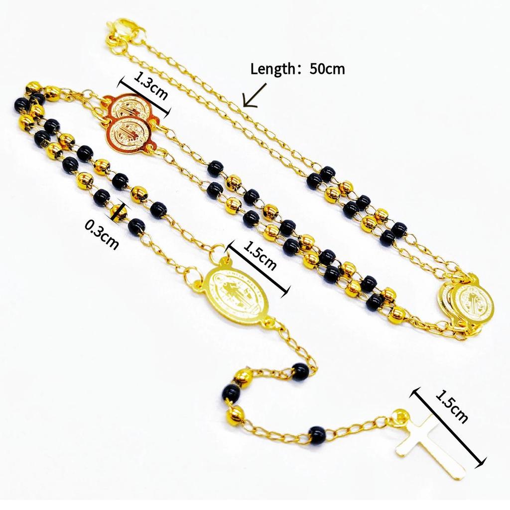 Schwarze Kreuzkette mit Goldakzenten, Multi-Accessoire - Edelstahl-Rundperlen-Schutzkette für Damen