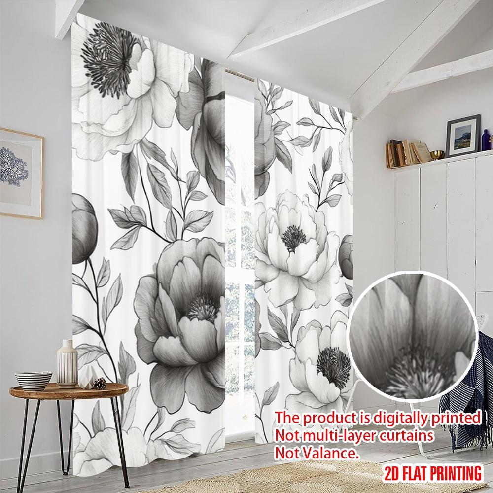 2pcs,2D Plane Printing Curtains Digital Printed Monochrome Blooms Versatile Durable Polyester (without Rod) Festive Perfect for