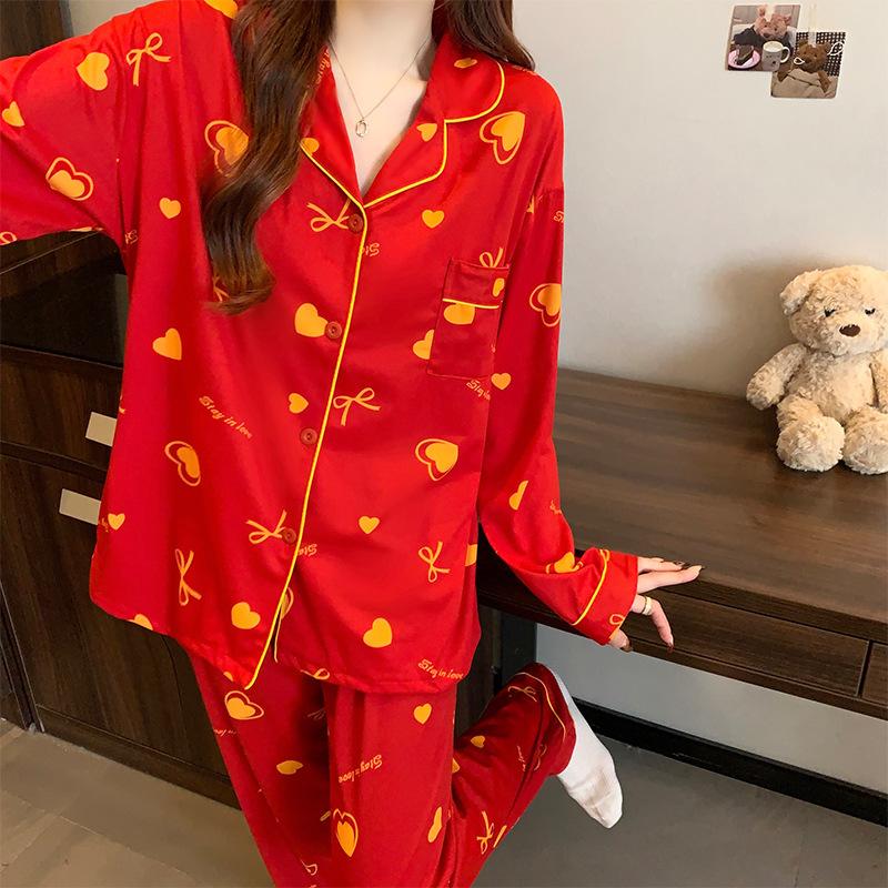 Imitation Cotton Spring Versatile Red Sweet Love Pajamas Women'S Newlyweds Birth Year Comfortable Home Long-Sleeved Set
