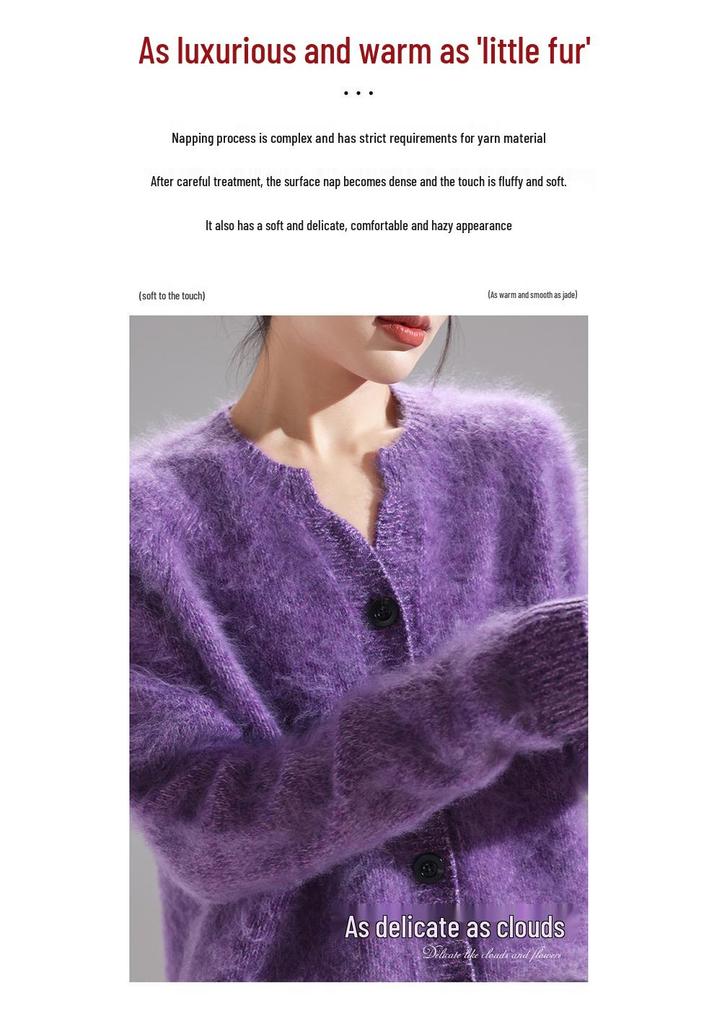 Women's 100% Pure Wool Brushed Round Neck Cardigan Sweater - Autumn Style