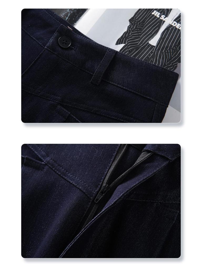 Women's High-Waist Dark Blue Denim Pleated Midi Skirt, 2025 New A-Line Slimming Design
