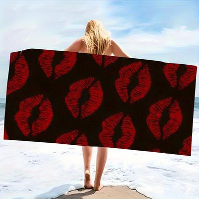 Red Lips Print Beach Towel - Super Absorbent Quick Dry Microfiber, Sexy Kiss Pattern Blanket for Picnic & Outdoor Relaxation