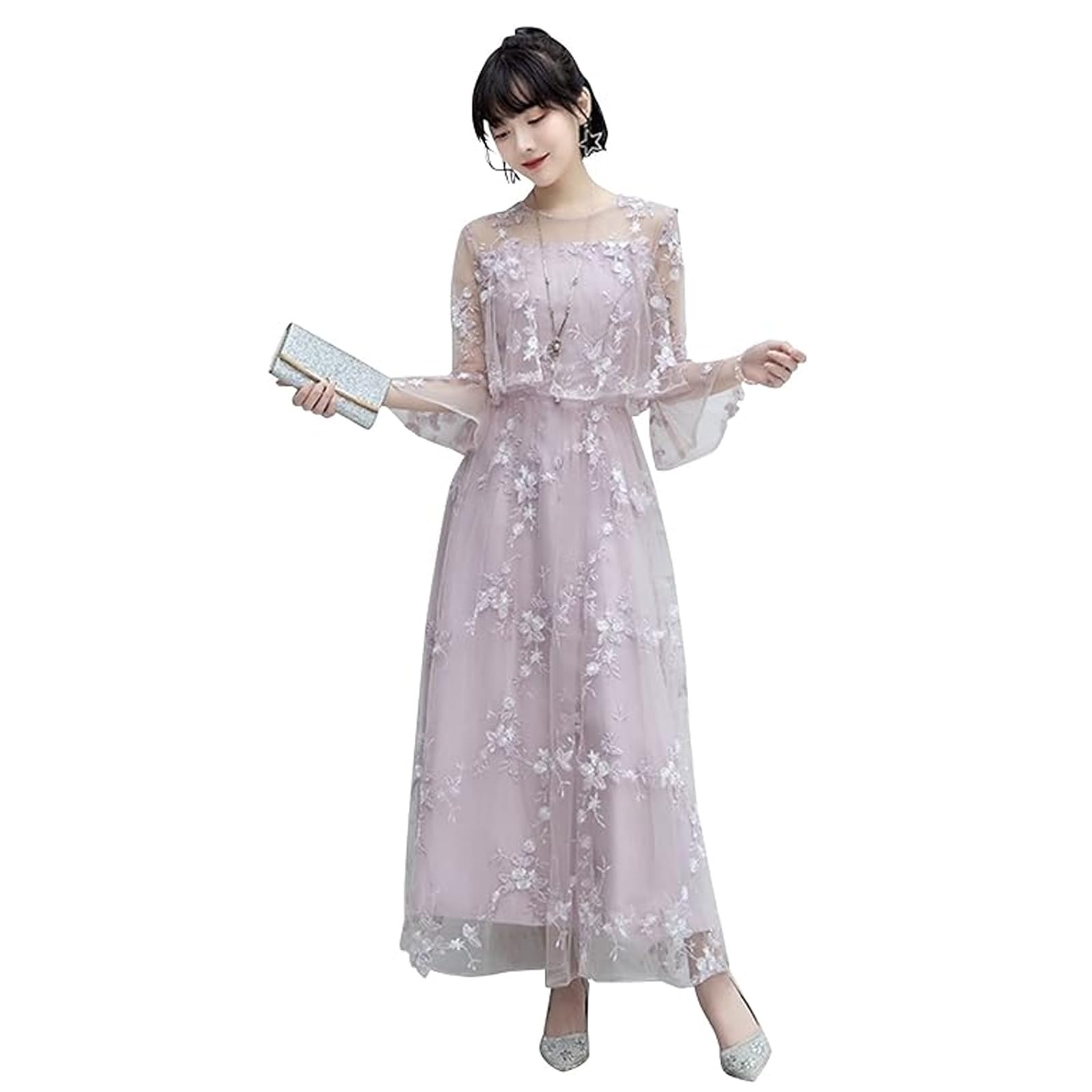 

Wedding Unique Lace and for Women in Their and 40s Smoky [DEEPEYES] Dress, Long, A-Line Embroidery, 20s, 30s, (M, Pink)