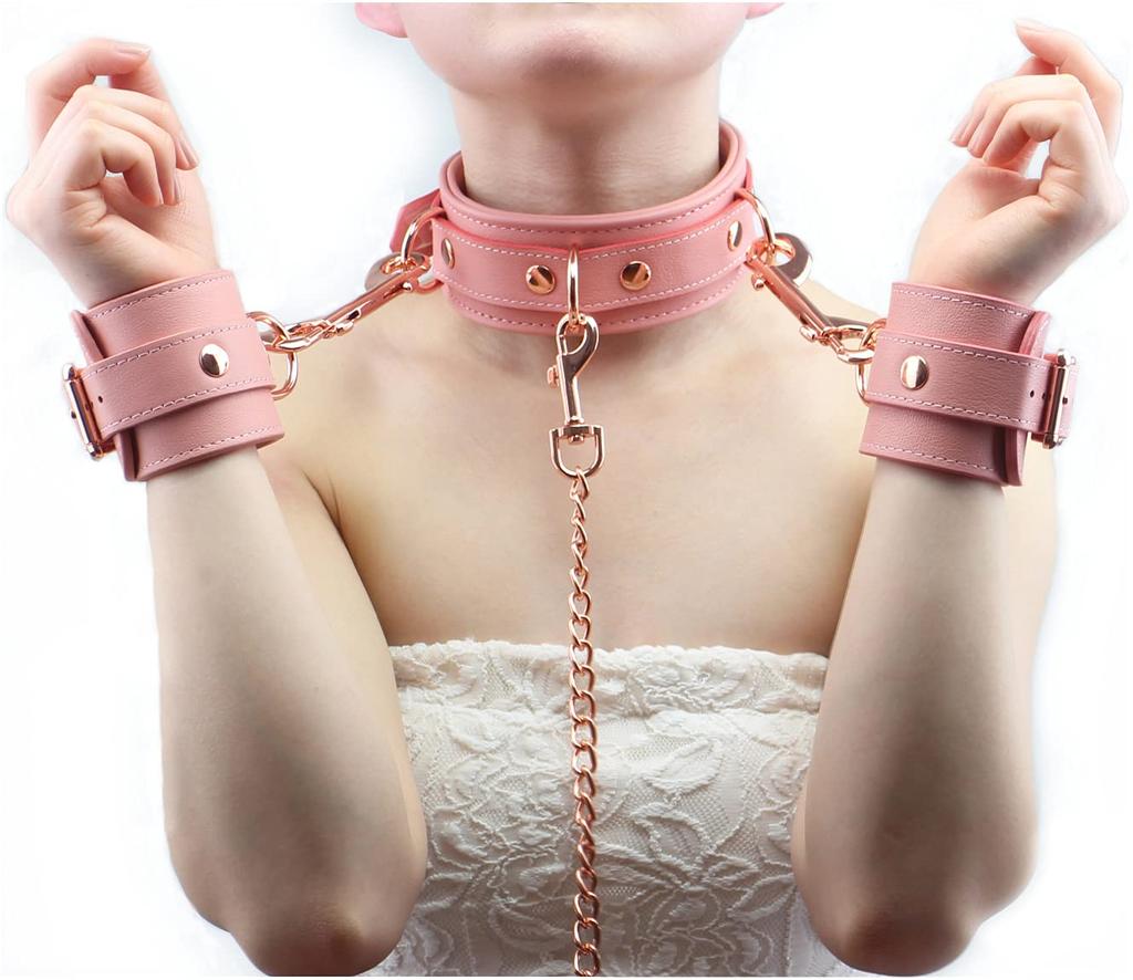 Liebe Seele SM Goods Restraints Genuine Queen High-end Collar, Handcuffs, Set, Leather, Cosplay, Training, (Pink)