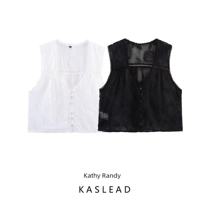 Kaslead New Arrival Women's Fashion Style Vertical Lace Embroider Decorative Sleeveless Shirt 3017905 800