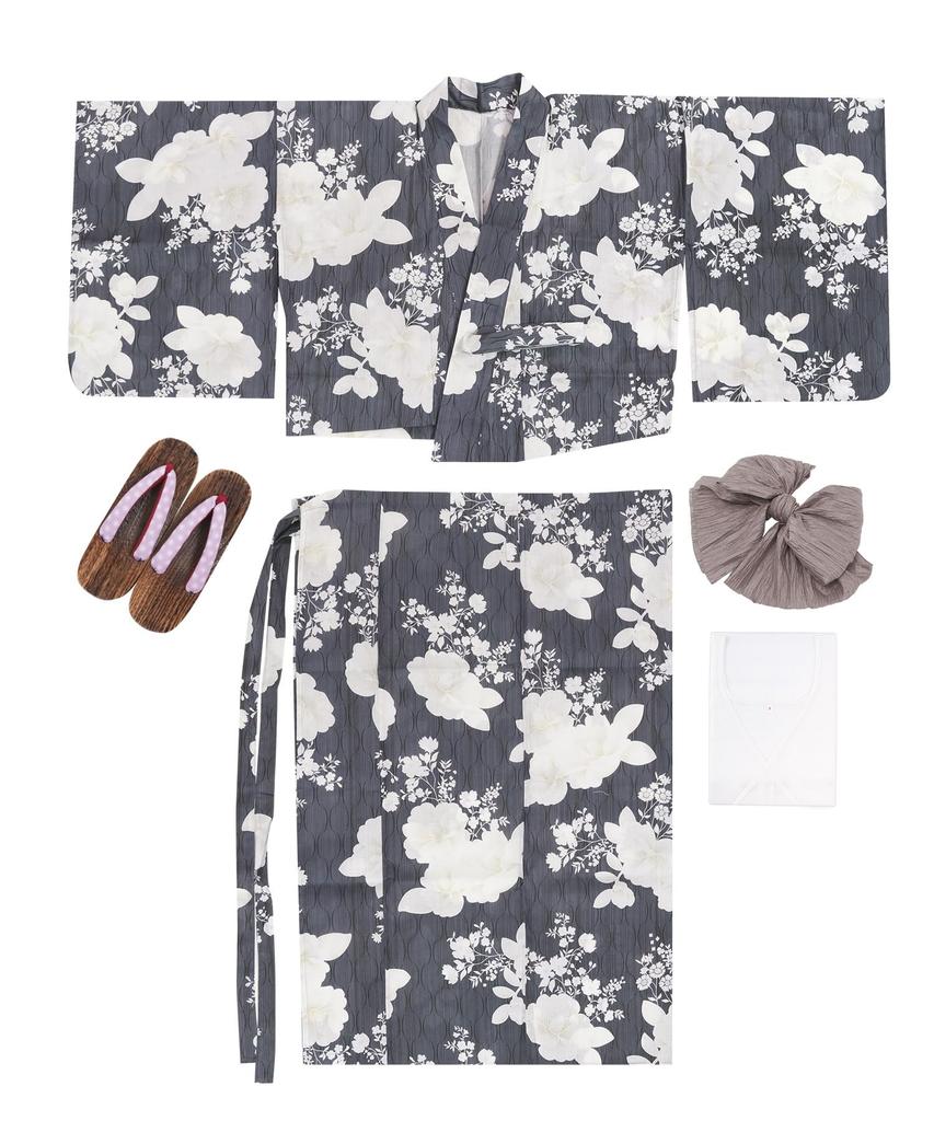 Yukata change set heiko AB size fits camellia [KYOETSU] set, weave, unbleached, two-part type, 4-piece (yukata, obi, underwear, geta), women's (one