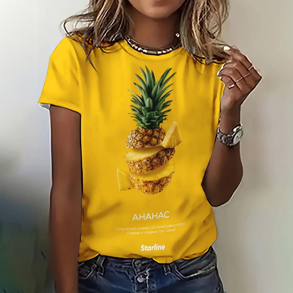 Ananas Zitrone Print Damen T-Shirts Mode Lässig O-Ausschnitt T-Shirt Sommer Locker Kurzarm Tops Damenbekleidung