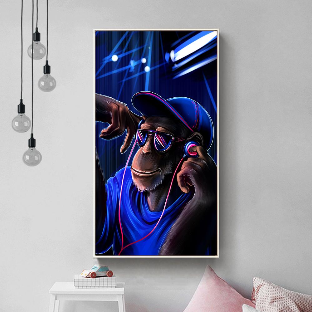 DJ Musik Affe Poster Home Malerei Blauer Hintergrund Leinwand Gemälde Moderne Tier Bild Kunst Wandkunst Kein Rahmen