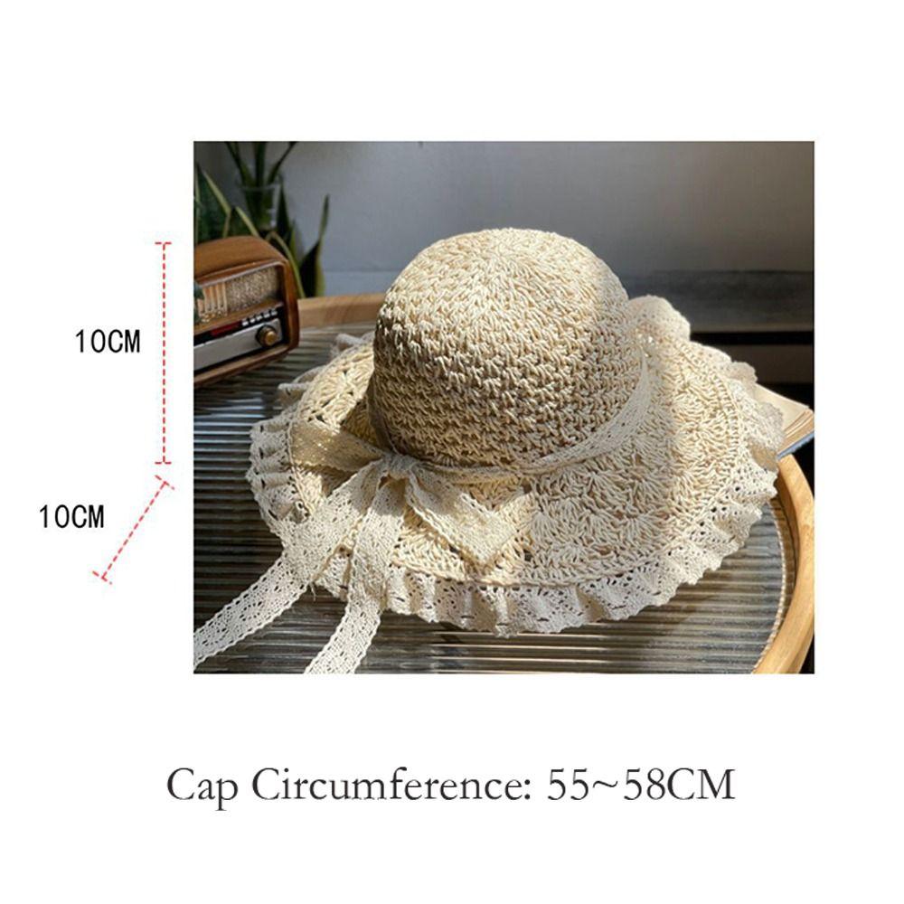 Lace Trim Sun Hat Foldable Beach Cap Elegant Summer Straw Hat  Travel