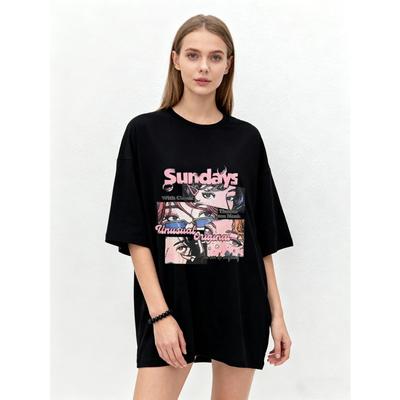 Oversized T Shirt Black Anime Manga Print Sundays With Chibi Unusual Original Graphic Design Casual Streetwear Women Fashion Summer Top