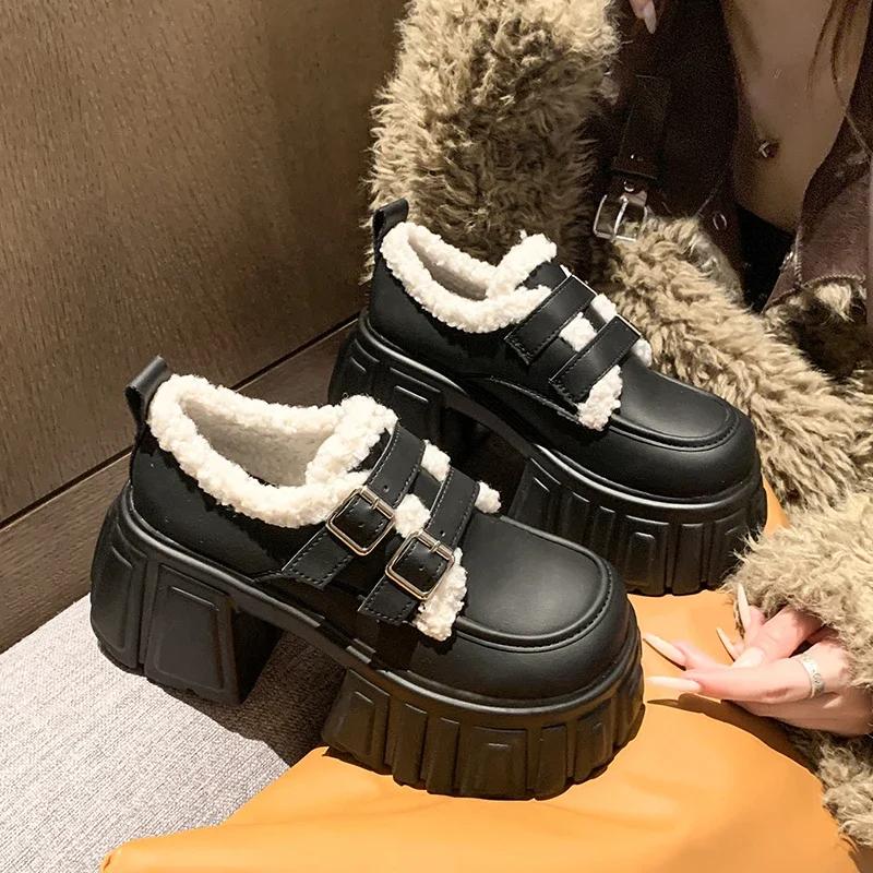 Fashion 8.5CM Winter Warm Casual Leather Shoes Heels Women High Platform Fur Sneakers Thick Sole Plush Sport Leather Shoes Zapatos Mujer