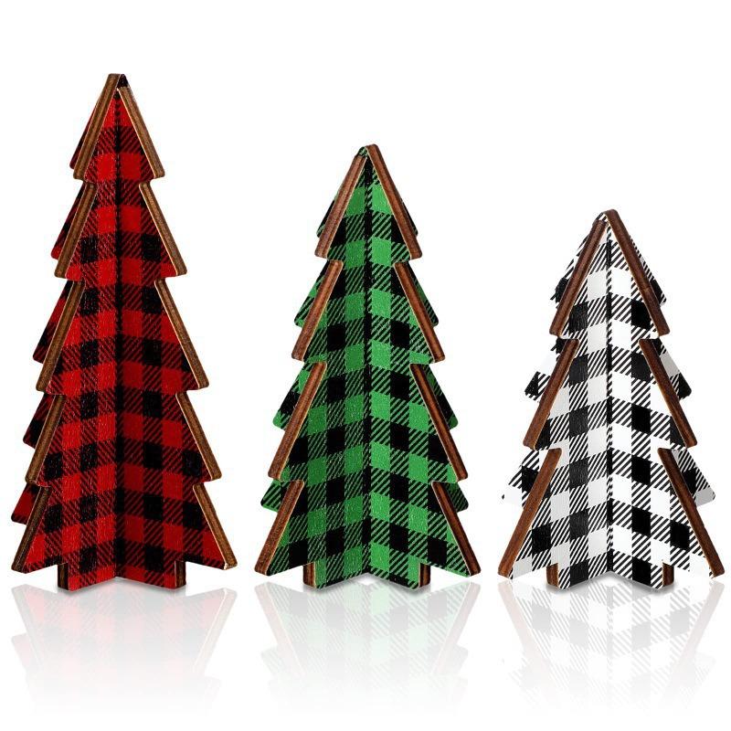 

3 Pieces Christmas Decor Plaid Wooden Tabletop Trees 5.5 Inch Height 3D Holiday Home Decorations Set Festive Ornaments 3pcs