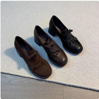 Sheepskin Version~ Retro Temperament Niche Design British Style Round Head Loafers Commuting Thick Heel Women's Shallow Mouth Single Shoes