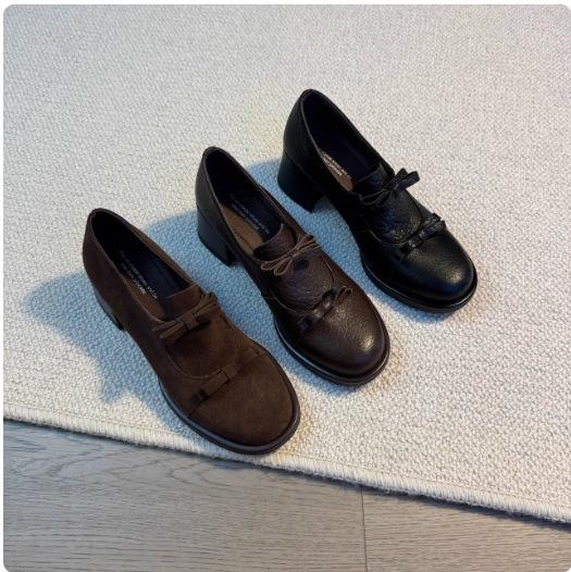 Sheepskin Version~ Retro Temperament Niche Design British Style Round Head Loafers Commuting Thick Heel Women's Shallow Mouth Single Shoes