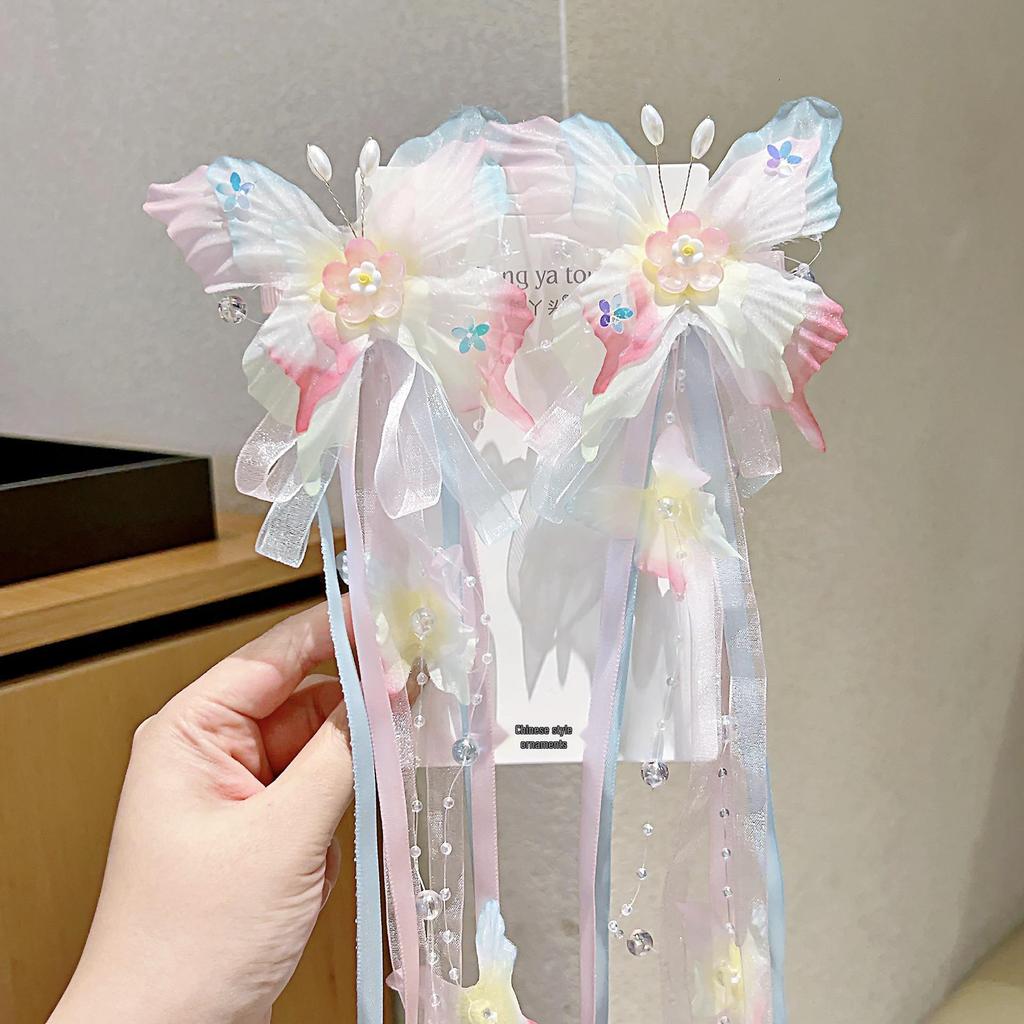 Ancient Style Hanfu Princess Butterfly Hair Clips with Long Ribbons - Children's Chinese Fairy Hair Accessories (Pair)