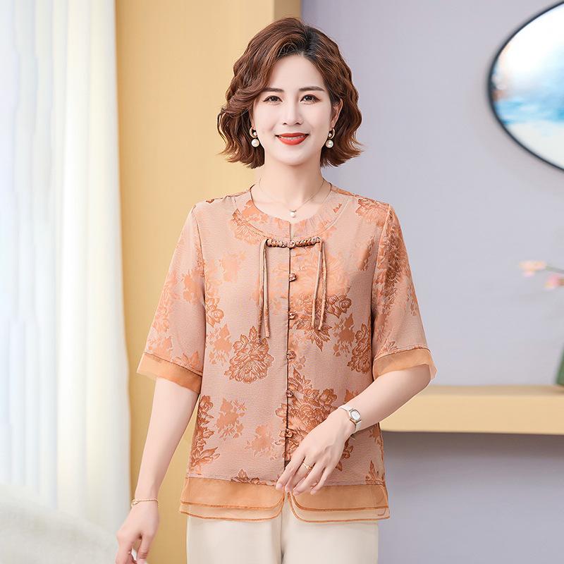 Summer 2026 Elegant Chinese Style Short-Sleeved Cardigan for Middle-Aged & Elderly Women 2XL (54-60 kg)